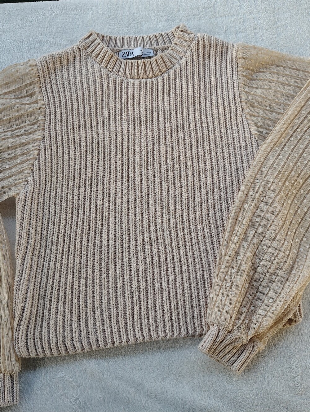 ZARA Beige/Cream Ribbed Knit Sweater with Sheer Dot Puff Sleeves